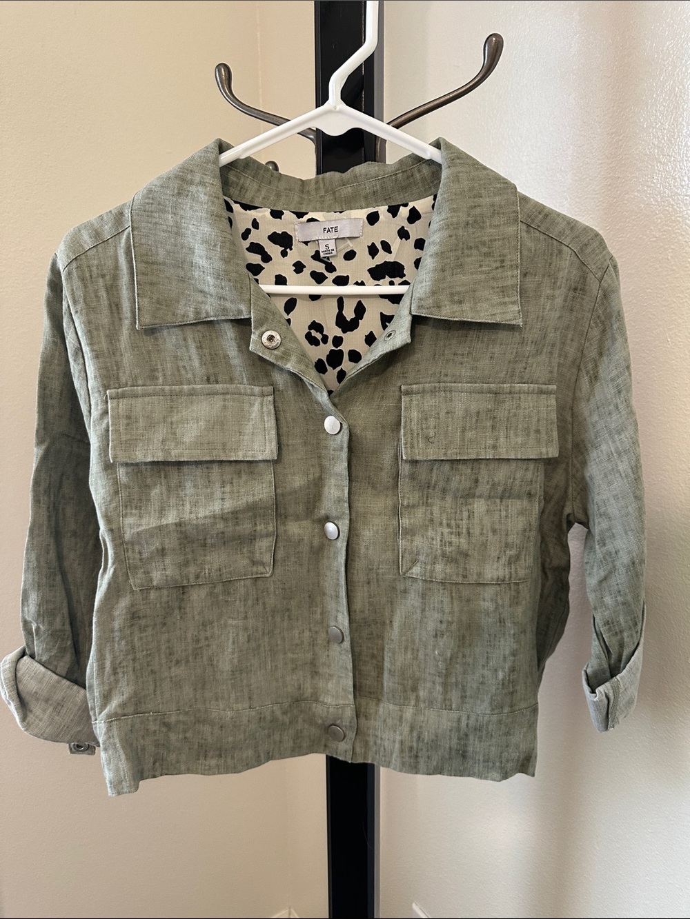 Fate Sage Green Button-Front Utility Jacket with Leopard Lining